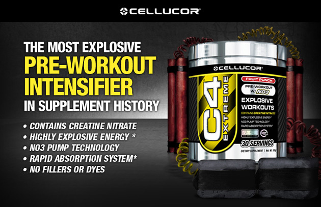 Cellucor C4 Extreme: The Most Explosive Pre-Workout Intensifier In Supplement History! Contains Creatine Nitrate, Highly Explosive Energy,* NO3 Pump Technology, Rapid Absorption System,* No Fillers or Dyes.