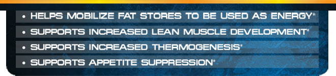 Helps mobilize fat stores to be used as energy,* Supports lean muscle development,* Supports increased thermogenesis,* Supports a healthy appetite level*