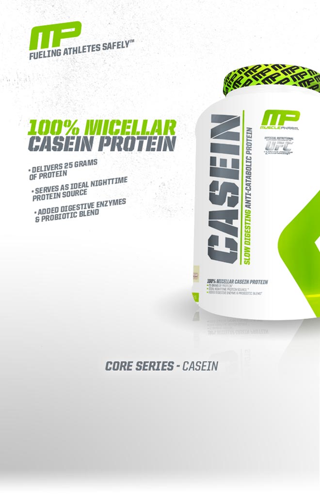 Fueling Athletes Safely. 100% Micellar Casein Protein. - Delivers 25 Grams of protein. - Serves as ideal nighttime protein source. - Added digestive enzymes and probiotic blend. Core Series Casein.