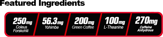 Featured Ingredients - 250mg Coleus Forskohlii, 56.3mg Yohimbe, 200mg Green Coffee, 100mg L-Theanine, 270mg Caffeine Anhydrous