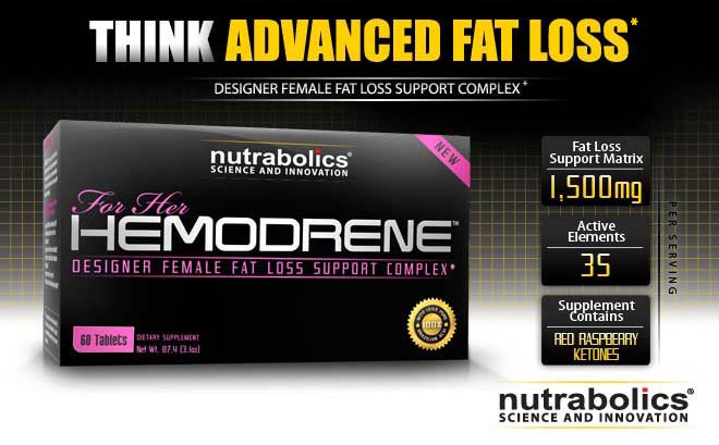 Hemodrene for Her. Think Advanced Fat Loss. Designer Female Fat Lostt Support Complex. Fat Loss Support Matrix - 1,500mg. Active elements - 35. Supplement Contains - Raspberry Ketones. Nutrabolics Science and Innovation.