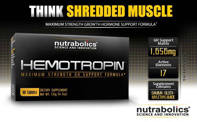 Hemotropin. Think Shredded Muscle. Maximum Strength Growth Hormone Support Formula. GH Support Matrix - 1,656mg. Active Elements - 17. Supplement Contains - Gamma-Gluta-Methylamide.  Nutrabolics - Science and Innovation.