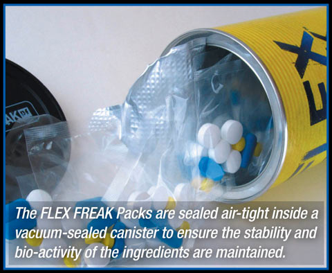 The FLEX FREAK Packs are sealed air-tight inside a vacuum-sealed canister to ensure the stability and bio-activity of the ingredients are maintained.