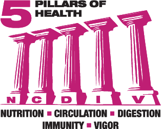 5 Pillars of Health. Nutrition, circulation, digestion, immunity, vigor.