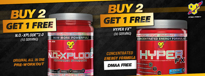 For a limited time, buy 2 N.O.-Xplode 2.0, & get 1 N.O.-Xplode 2.0 or buy 2 Hyper FX, get 1 Hyper FX!