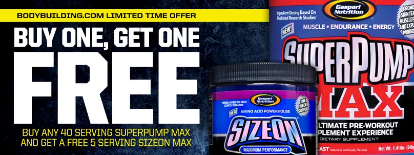 For a limited time, buy 1 Gaspari Nutrition SuperPump MAX, 640 Grams & get 1 SizeOn Maximum Performance, 5 Servings, Grape Cooler FREE!