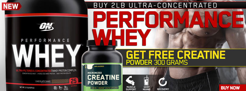 For a limited time, buy 1 Optimum Performance Whey, 2 Lbs. & get 1 Micronized Creatine Powder, 300 Grams FREE!