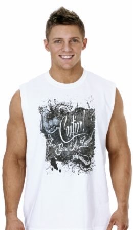 Bodybuilding.com Clothing Caution Loaded Guns Sleeveless Tee – White – Small